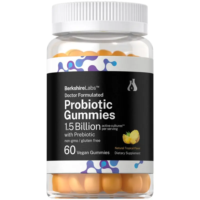 Horbäach Probiotic Gummies | 60 Count | 1.5 Billion with Prebiotic | Adult Supplement for Women and Men | Doctor Formulated | Tropical Flavor | Vegan, Non-GMO, and Gluten Free | Berkshire Labs