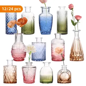12/24pcs Colorful Glass Bud Vases, Small Colored Vintage Vases For Centerpieces, Decorative Flower Vases For Wedding Home Table Decor, Amber, Blue, Green, Rose