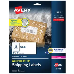 Avery  Waterproof Shipping Labels with Ultrahold Permanent Adhesive, 2" x 4", 100 Labels for Laser Printers (15513)