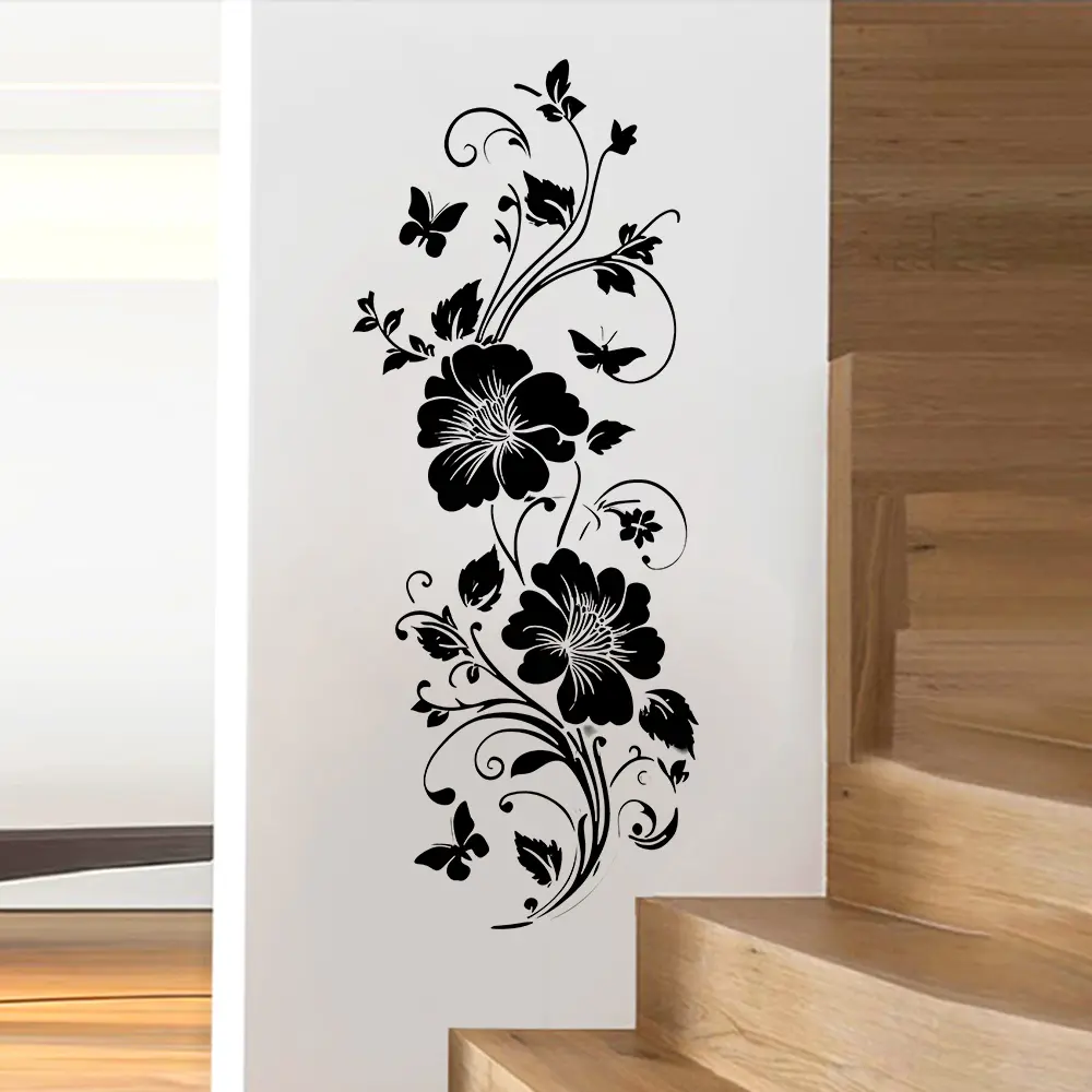 1 piece, black silhouette flower wall sticker, Decorative wall sticker, butterfly and flower vine, suitable for home decor PVC super convenient removable self-adhesive wall sticker