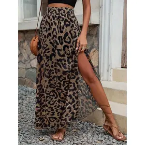 Women’s leopard-print elastic-waist skirt; leopard-print skirt; elegant, fashionable casual high-waisted long skirt, suitable for everyday outdoor wear; women’s bottoms for all seasons GARMENTARY