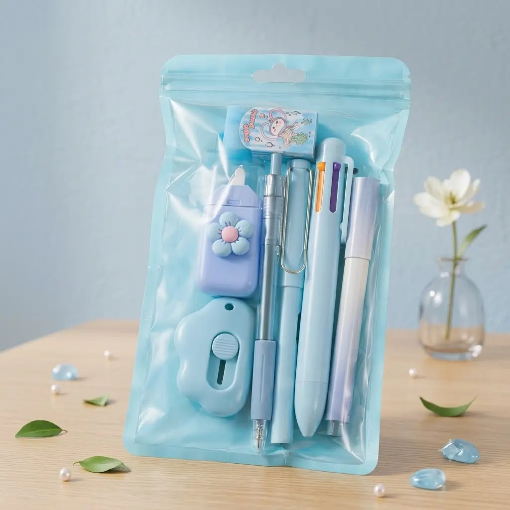 Cute Pastel Blue Aesthetic Stationery Set - Lightweight Kawaii Kit with Multi-Color Marking Pens, Eternal Pencil, Eraser, Sharpener, Portable Pack (Back to School Haul, Birthday Gifts for Teen Girls, Great Gift for Friends)