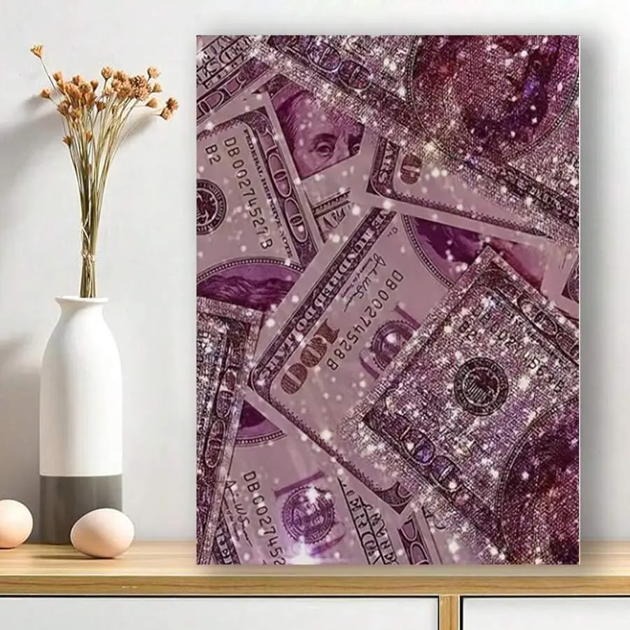 Framed Chic Pink Glitter Money Canvas Wall Art Posters-Perfect For Bedroom Decor & Gift Idea,Halloween Decor,Thanksgiving,Christmas,Happy New Year