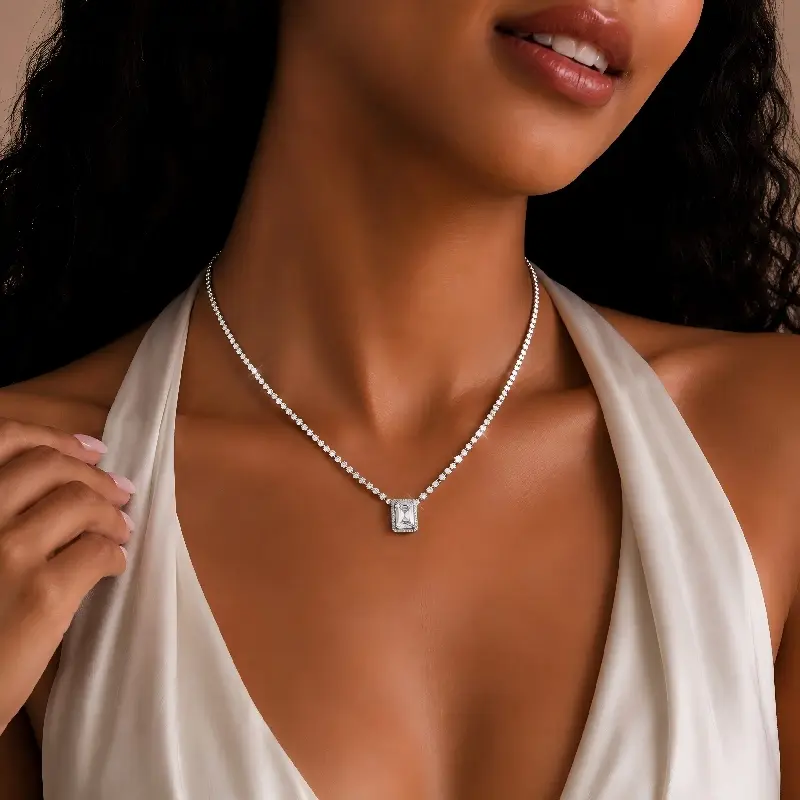 Tennis Chain Square Necklaces for Women，Exquisite Zircon Simulated Diamond Necklace，Simple CZ Necklace Trendy Jewelry Gifts