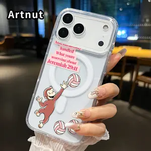 Monkey Volleyball Verse Pattern Magnetic Phone Case for iphone 17 Pro Max 16 Plus 15 14 13 12 11 Air XR E Non-Yellowing Clear Crystal Drop-proof Slim Silicone Shockproof Transparent Acrylic Large Hole Cover Supports Wireless Charging