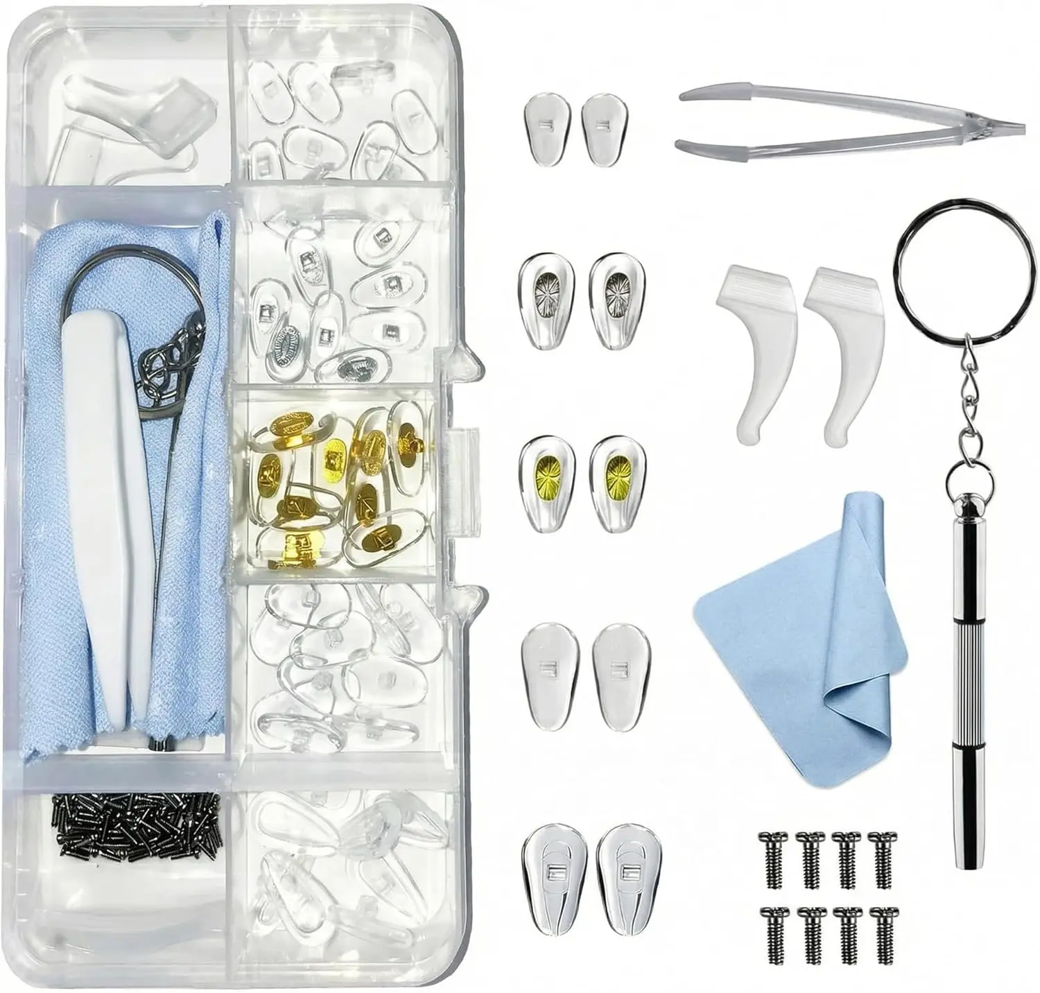 25 Pairs Silicone Screw-In Eyeglasses Nose Pads Repair Kit with Screws, Screwdriver, Tweezers & Cleaning Cloth for Eyewear Replacement Accessories