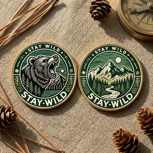Stay Wild Bear Metal Challenge Coin, Two Sided Engraved Metal Coin, Adventure Awaits Spirit Coin, Groomsmen Gift, Outdoor Enthusiast Gear