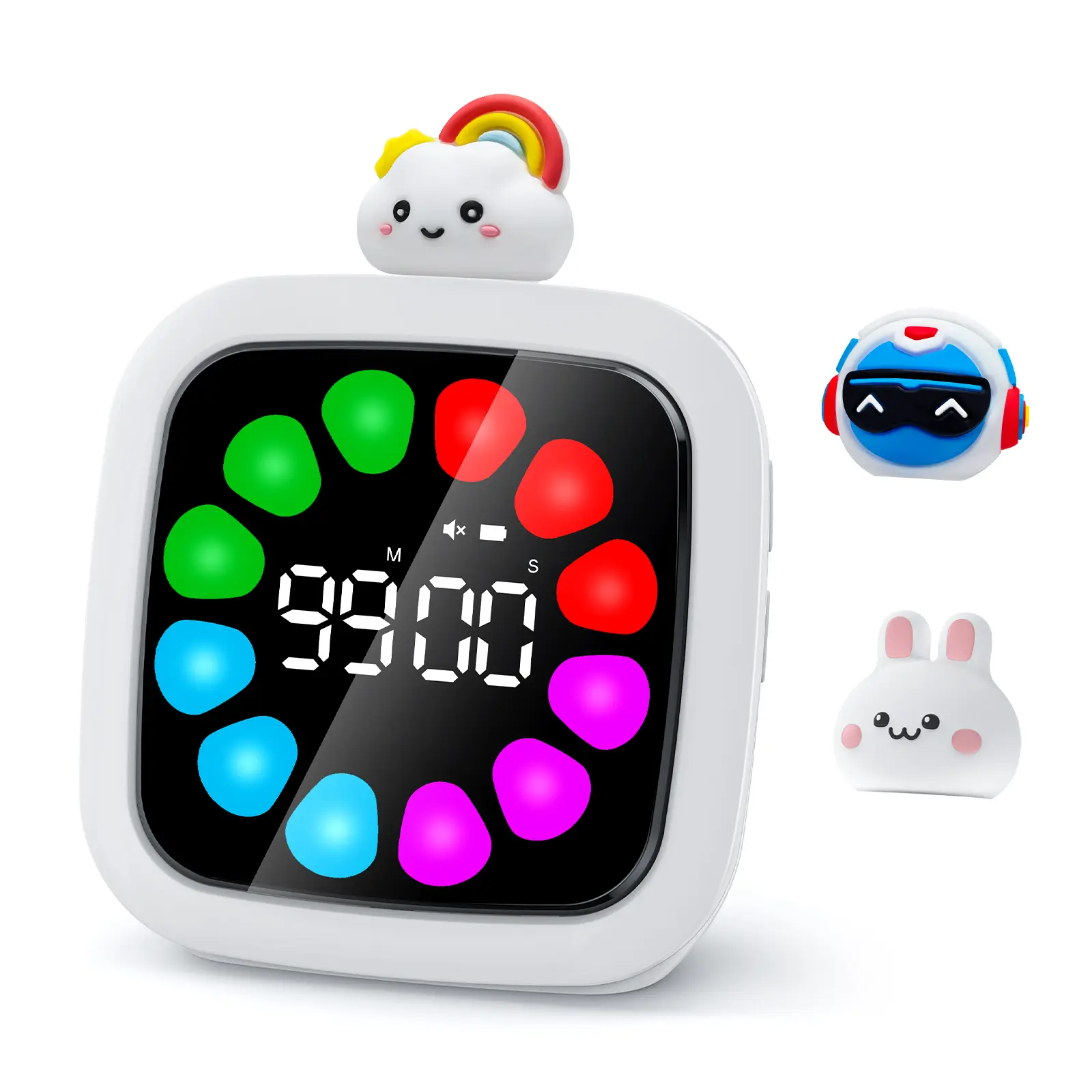 Yunbaoit Digital Visual Silent Kids Timer - Rechargeable 99-Minute Countdown Clock, 19 Ringtones, 9 DIY Color Petal LED Display, Pause Function, Adjustable Settings, Protective Case Included, Kitchen Timer for Work/Study, Time Management Tool for Sports