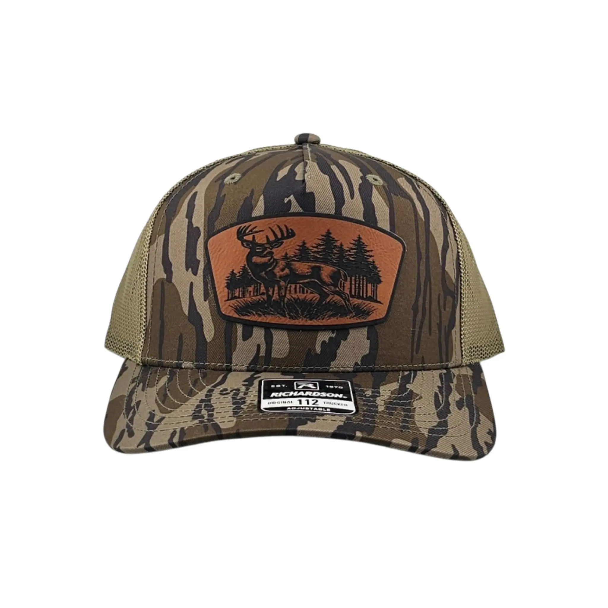 Deer Scene Richardson 112 P5P Snapback Trucker Hat with Engraved Leatherette Patch for Outdoor Enthusiasts and Hunters