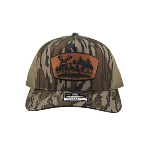 Deer Scene Richardson 112 P5P Snapback Trucker Hat with Engraved Leatherette Patch for Outdoor Enthusiasts and Hunters
