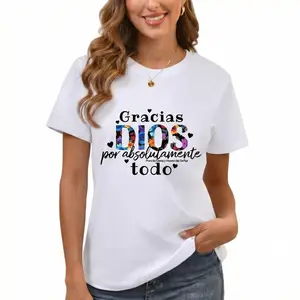 Women's Graphic Tees,Women's Faith Inspired Spanish "Gracias DIOS" Print T-Shirt - Soft Stretch Knit Crew Neck Short Sleeve,Trendy Clothes, All-Season Comfort Casual Tee, Vacation Casual Attire, Comfortable Fit Shirt Top Fabric Womenswear Fashion Tshirt