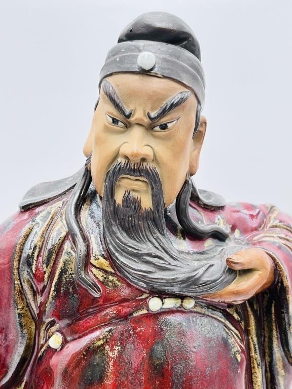 Vintage Chinese Shiwan Ceramic Sculpture of Guan Yu Created by Zhuang Jia in the 1970s Handcrafted Artpiece