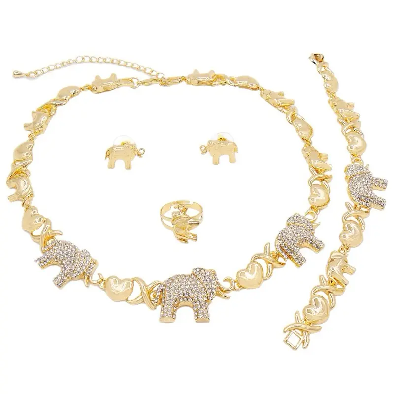 14K Gold Plated 4 Piece Set Necklace Bracelet Ring Earrings with Elephant Charms