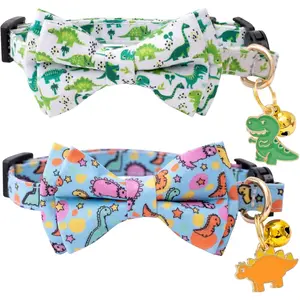 2 Pack Cat Collar with Bell Breakaway Bowtie for Male Female Cats Soft Fancy Blue Green Dinosaurs Pattern Spring Summer Cat Collar for Boy Girl Cats