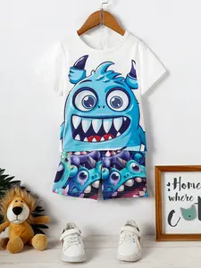 Boys Summer Outfits Monster Cartoon Print T-Shirt & Shorts Set 2Pcs Clothes Toddler to Big Kid,Ready Stock 42404106 Junior Cute