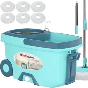 Spin Mop and Bucket System, Mop and Bucket With Wringer Set, Mops For Floor Cleaning, Household Supplies Tools With 6 Replacement Refills, 61" Extended Handle For Household Hardwood Floor-Green