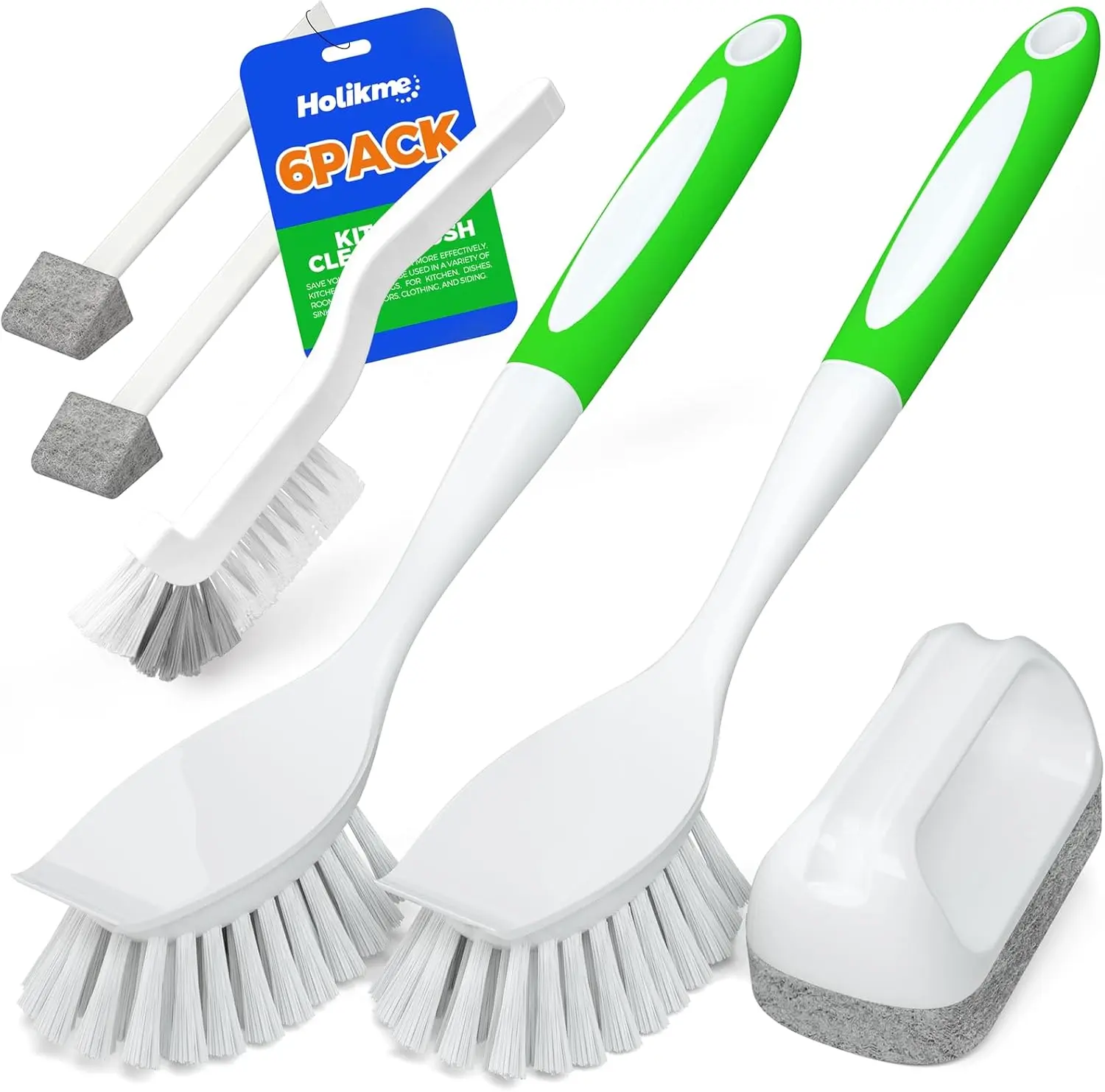 6-Pack Kitchen Dish Brush Set with Handles, Heavy-Duty Cleaning Brushes for Pots, Pans, Sinks, Dishes and Kitchen Surfaces, Green