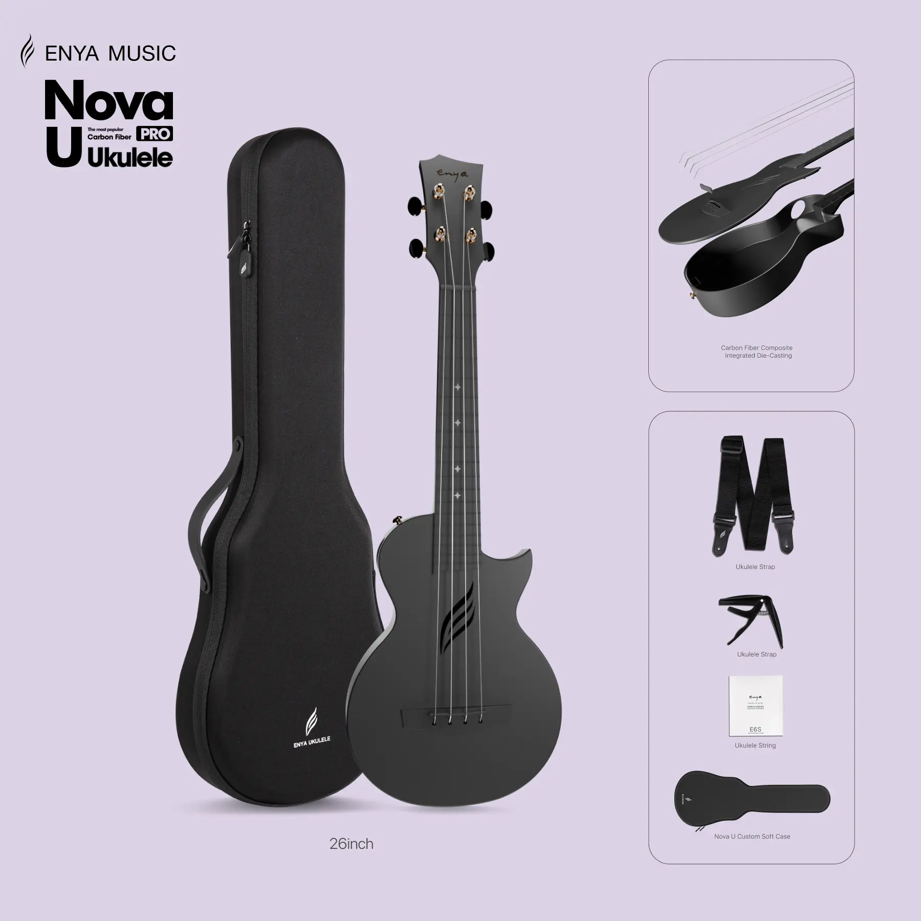 【Enya Tenor Ukulele】（NOVA U PRO） 26 Inch Carbon Fiber Cutaway Travel Ukelele for Adult with Beginner Bundle Kit Including Case, Strap, Capo and Strings, Christmas Gift, TikTokShopHolidayHaul