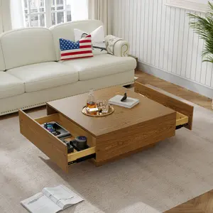 35.43" Square Wood Coffee Table with 2 Drawers, Brown Wood Texture