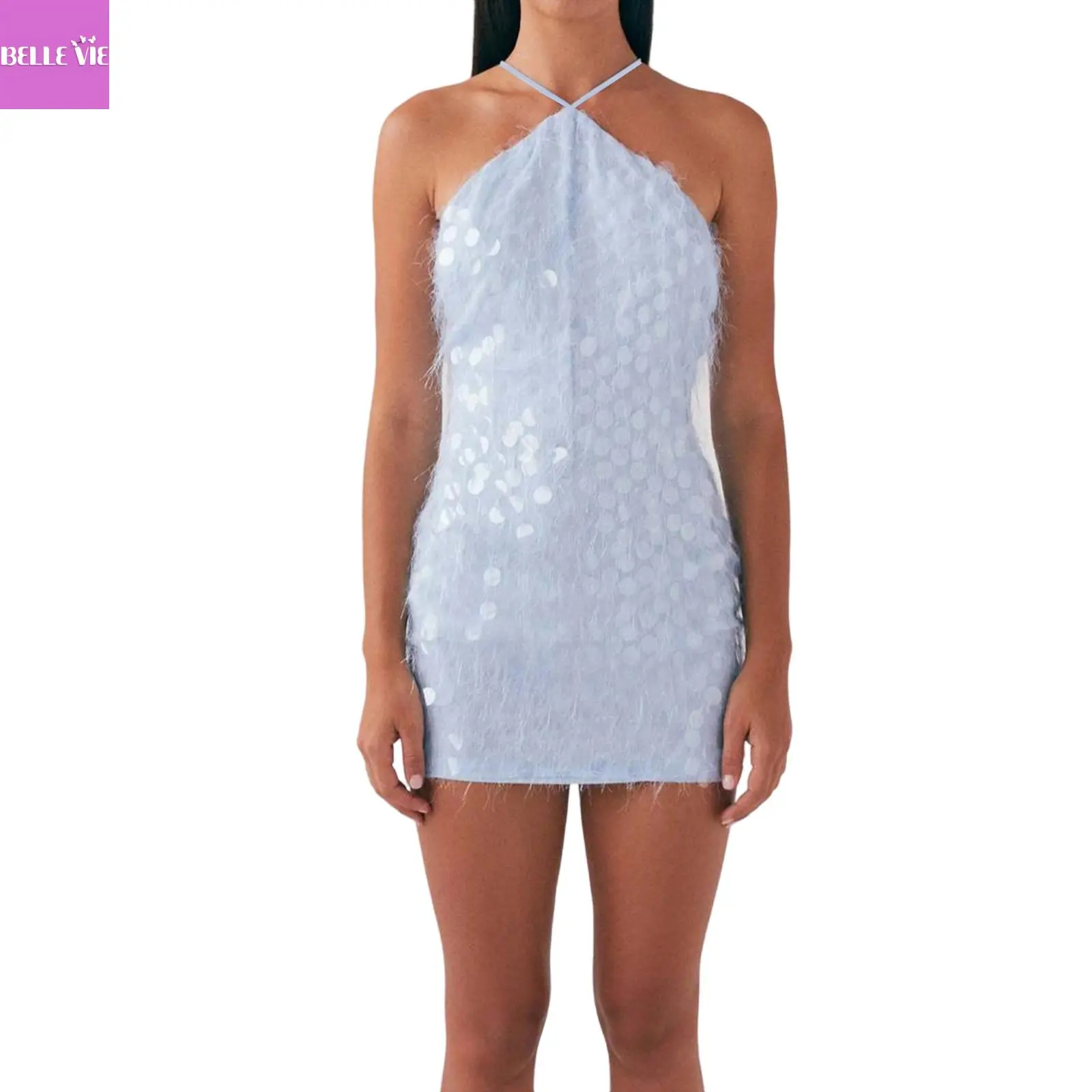 Women's Trendy Light Blue Halter Neck Sequin Fuzzy Feather Trim Bodycon Mini Dress Party Clubwear Cocktail Dress - TikTok Shop Women's Trendy Light Blue Halter Neck Sequin Fuzzy Feather Trim Bodycon Mini Dress Party Clubwear Cocktail Dress - TikTok Shop