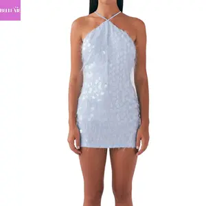Women's Trendy Light Blue Halter Neck Sequin Fuzzy Feather Trim Bodycon Mini Dress Party Clubwear Cocktail Dress