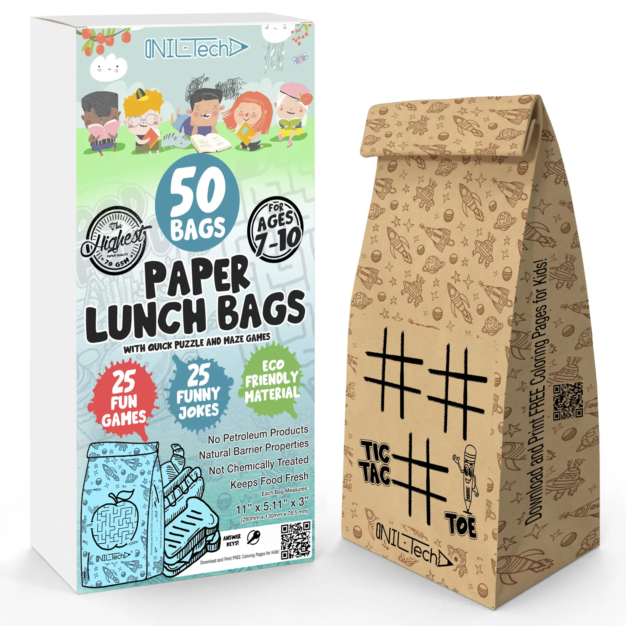 NIL Tech Brown Paper Lunch Bags – Pack Kids Lunch and Snack, Party Favors, With Printed Games & Jokes, 50 Pcs a Pack, for Fun Learning & Laughter, Eco-Friendly, Food-Safe, Interactive Design for All Ages