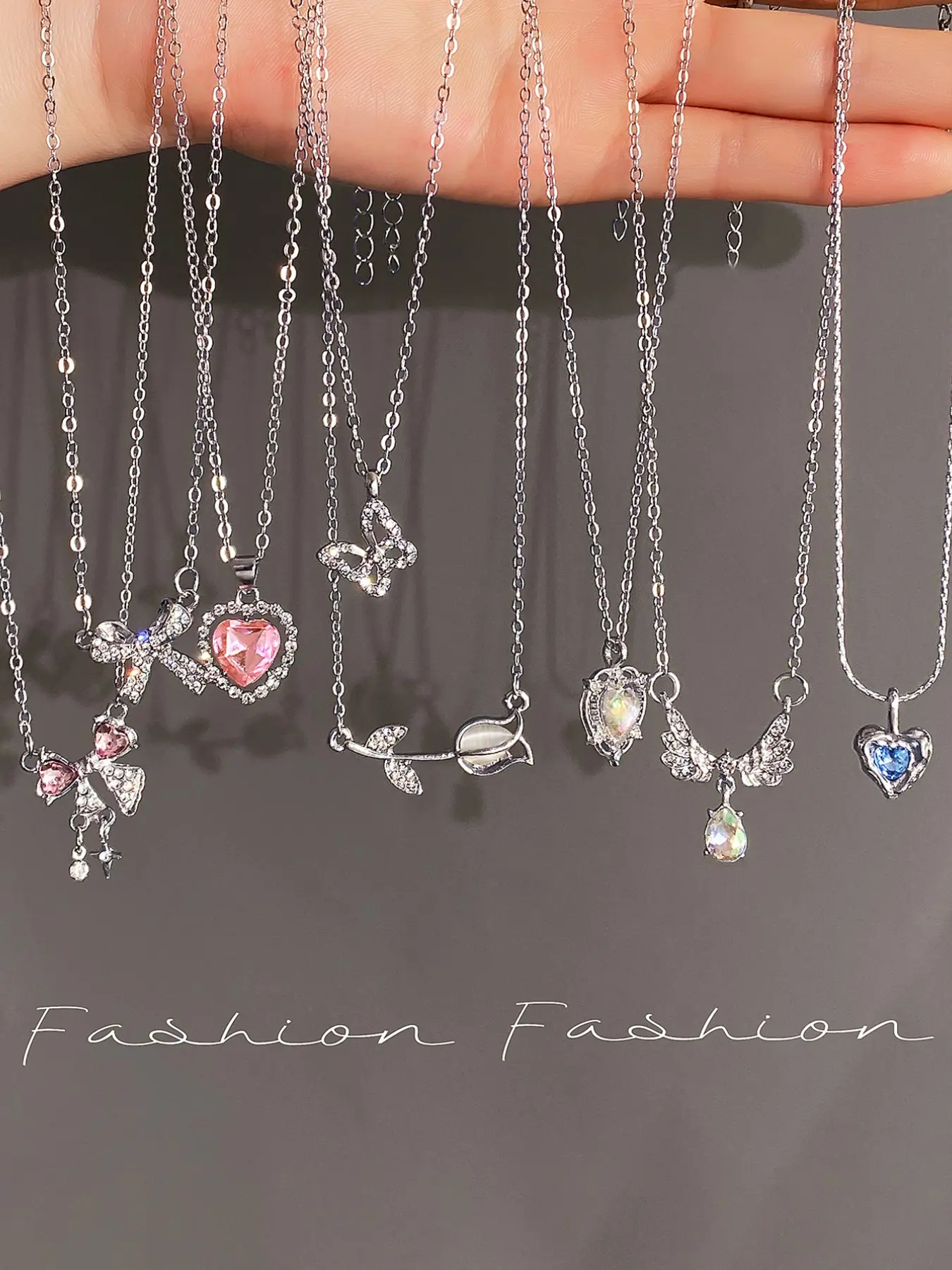 2k Style Crystal Chain Heart Pendant Necklace Set, Elegant Dainty Trendy Necklace, Dainty Necklaces, Butterfly Tulip Bow Jewelry, Elegant Gift for Women, Girlfriend Lover Friend Present