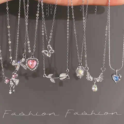 2k Style Crystal Chain Heart Pendant Necklace Set, Elegant Dainty Trendy Necklace, Dainty Necklaces, Butterfly Tulip Bow Jewelry, Elegant Gift for Women, Girlfriend Lover Friend Present