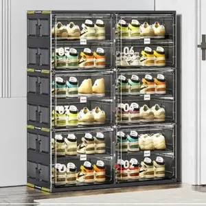 6 Tiers 24 Pairs Hard Plastic Shoe Storage Cabinet Large Stackable Foldable Sneaker Organizer with Doors Black S01580003