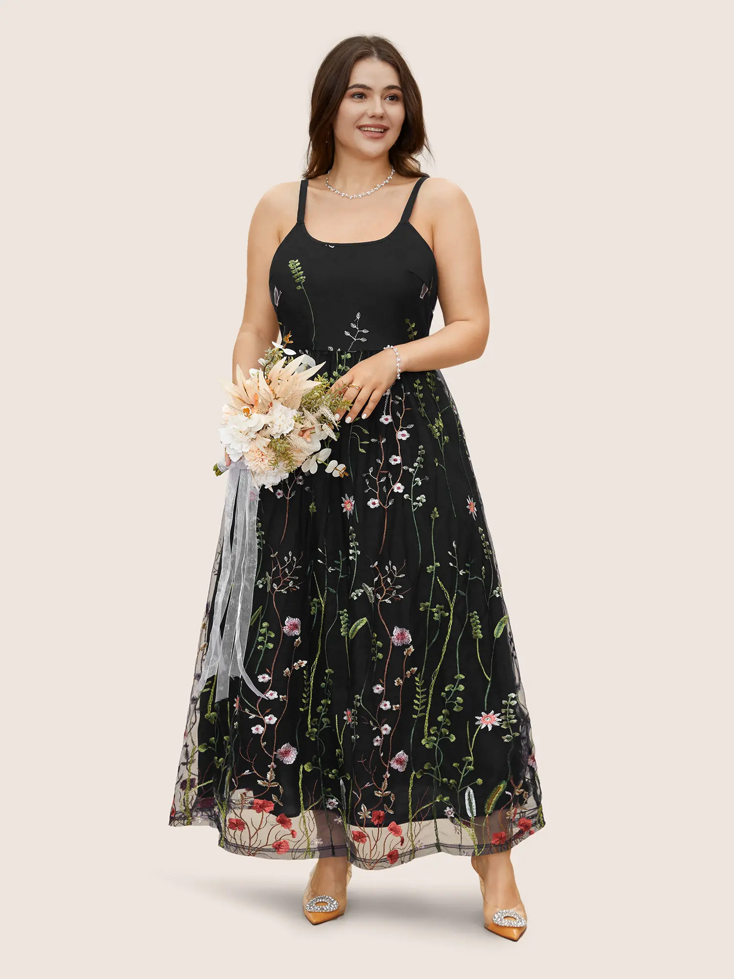 Pocket Approved BLOOMCHIC U Neck Floral Embroidered Mesh Cami Maxi Dress  Sleeveless Spaghetti Strap Side Seam