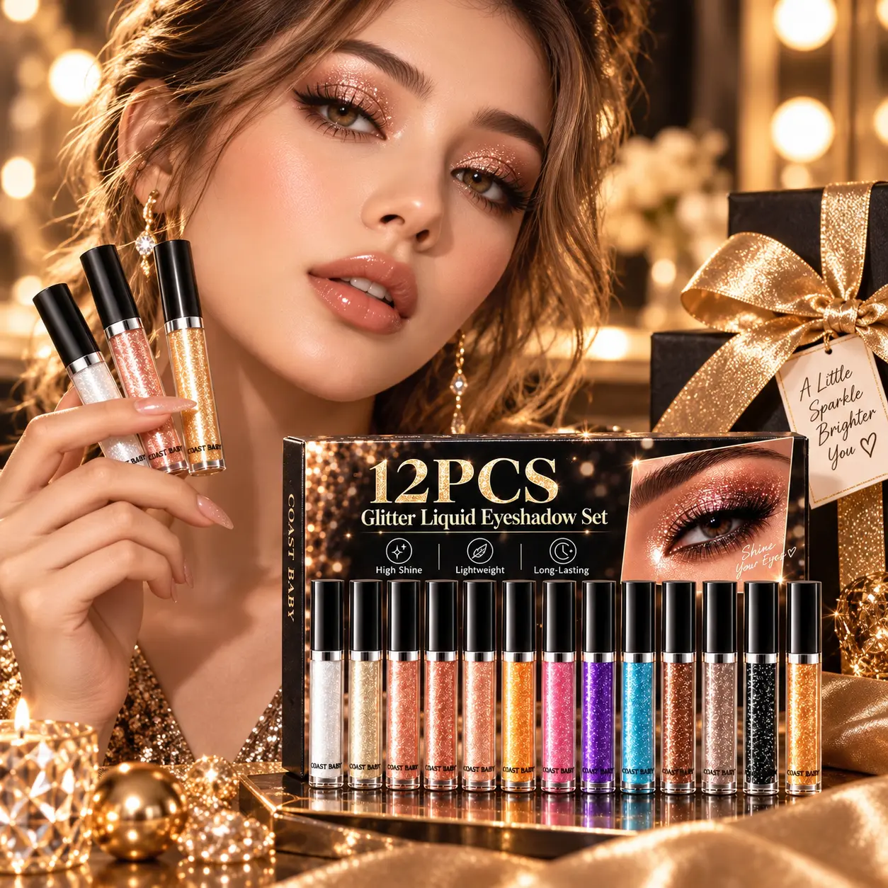 12-Piece Glitter Liquid Eyeshadow Set, 12 Colors of High-Shine Shimmer Eyeshadow, Long-Lasting  Metallic Makeup, Lightweight Glitter Eyeshadow for Parties, Festivals, Nights Out, and as a Gift for Women Blend Bronze Smooth Cosmetic sparkly