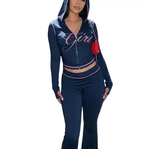 Gia Women's Luxury Two Piece Pants Set - Pink Hooded Crop Top & High Waist Leggings - Comfortable & Stylish Womenswear Trend Style Casual Outfits Long Sleeve