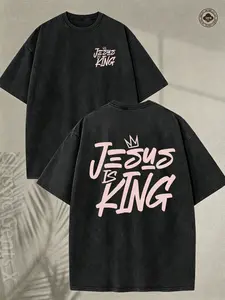 Vintage Jesus Is King Pink Graffiti Crown Christian T-Shirt, Washed Black Cotton Oversized Short Sleeve Tee, Front Back Print Faith Casual Crewneck Shirt