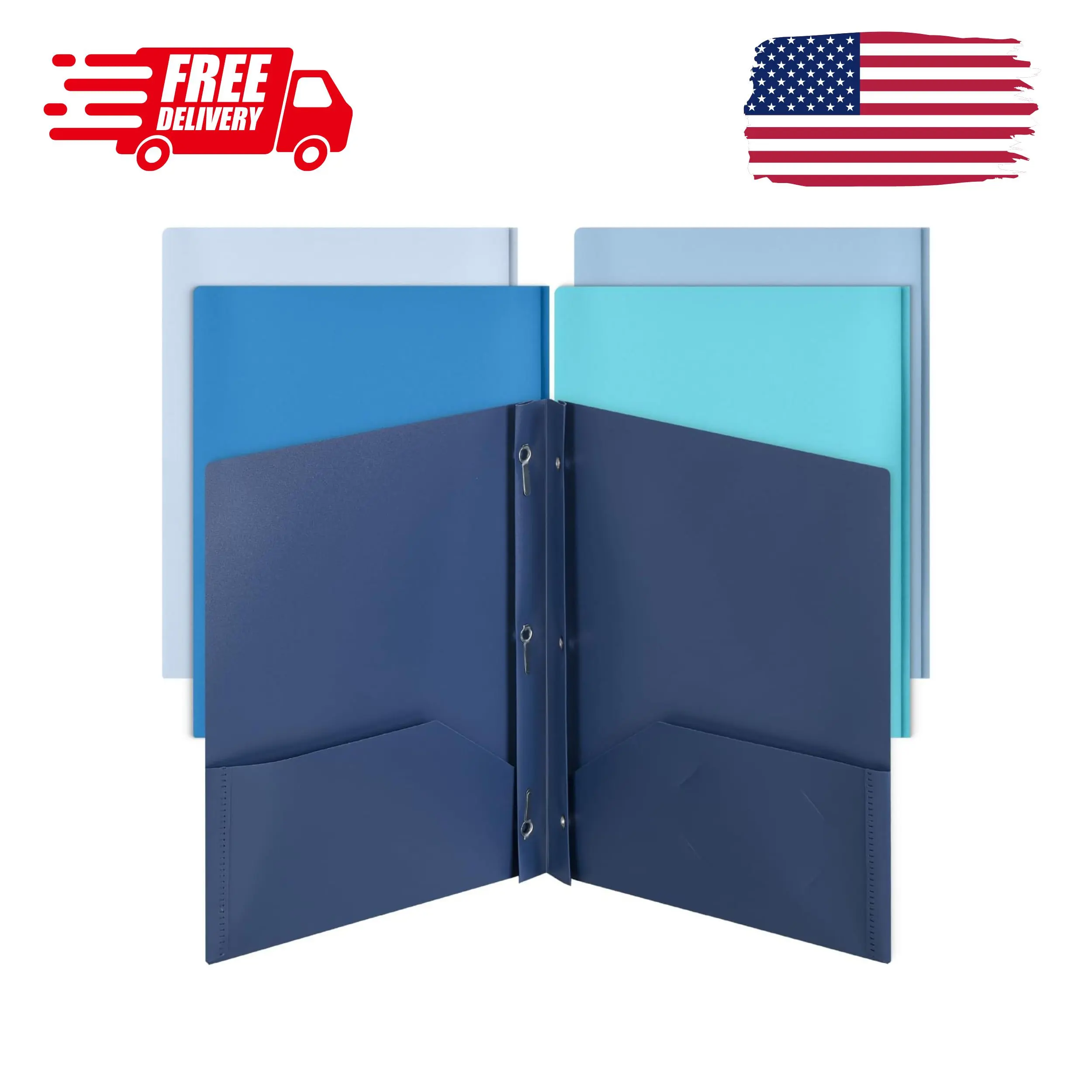 Plastic Folders with Pockets and Prongs, 5 Pack, Letter Size | Blue Shades