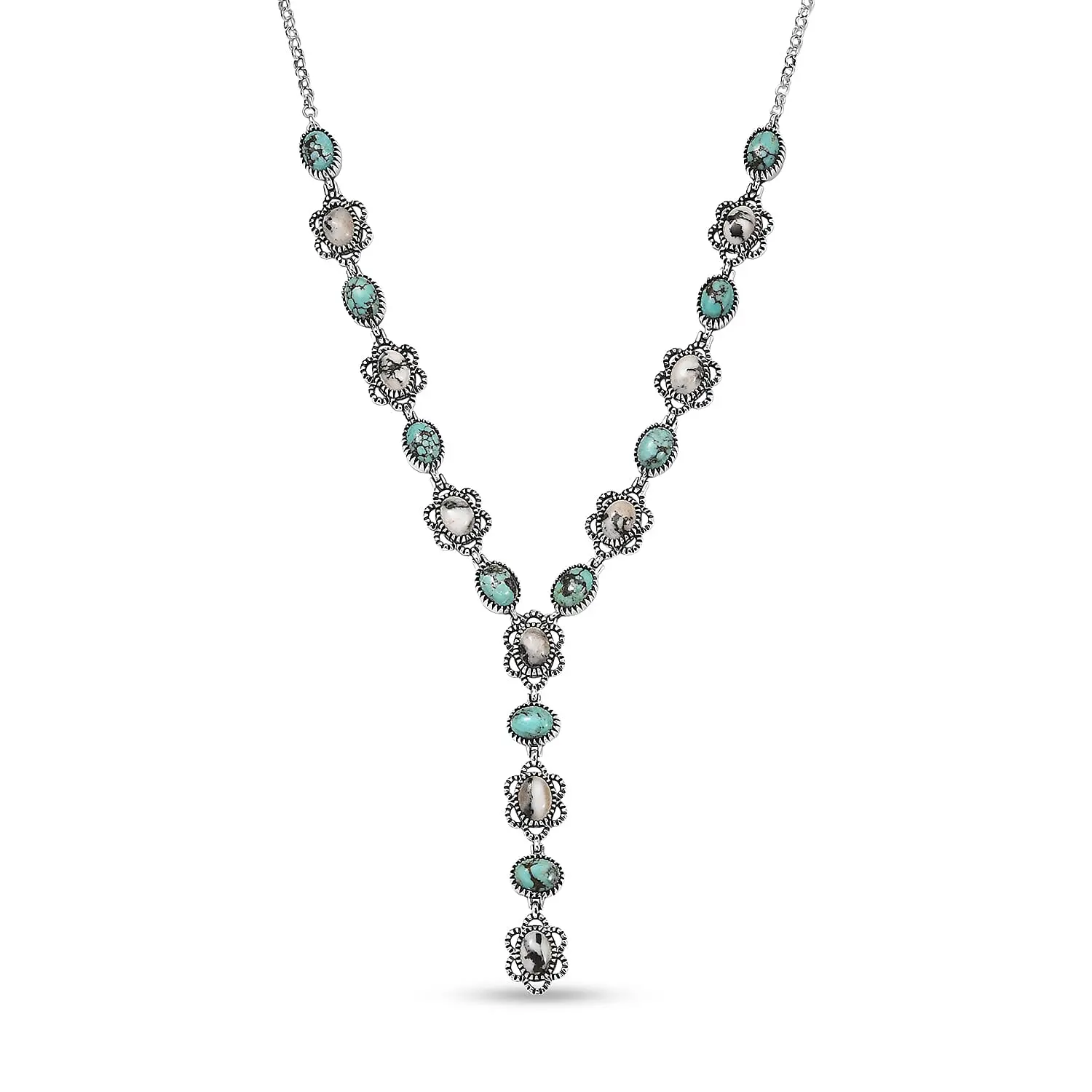 D'Joy Artisan Crafted Premium Blue Moon Turquoise and White Buffalo 15.30 ctw Neckalce in Sterling Silver 18-20 Inches