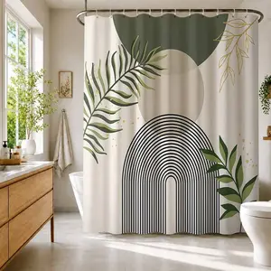 1/4pcs Set Sage Green Boho Medieval Themed Bathroom Shower Curtain, Bath Mat, U-Shaped Toilet Lid Cover, Waterproof Shower Curtain Bathroom Decor, Modern Curtain Divider, No-Drill, Polyester, Machine Washable Back To School