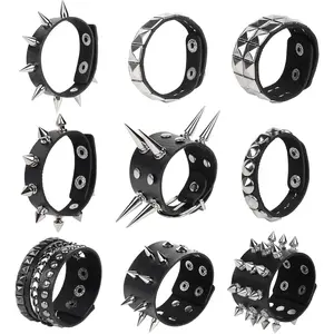 Punk Leather Rivets Bracelets Punk Rock Leather Studded Bracelets 80s Wristband Emo Gothic Spike Cuff Bracelet Set for Men Women Rocker Outfits Skull Bracelet