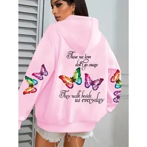 Women's autumn and winter casual sweatshirt with butterfly letter print, long-sleeve pocketed hooded zip-up jacket, women's sportswear, warm and comfortable, hoodie, suitable as a holiday gift