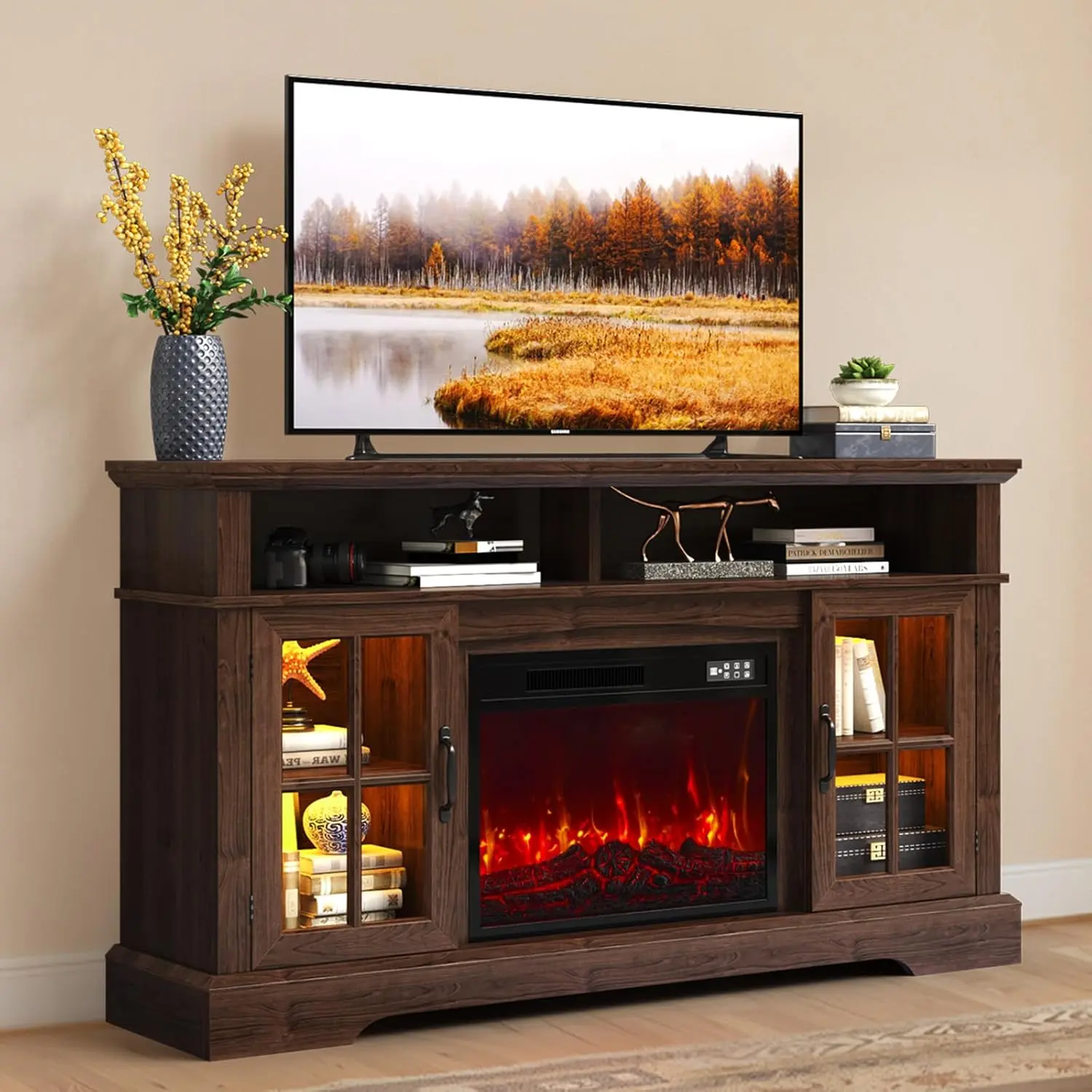【2 Packages ship separately】Fireplace TV Stand, Modern Entertainment Center for TVs Up to 70", TV Console with Storage Cabinets & Electric Fireplace, Brown Media Console for Living Room