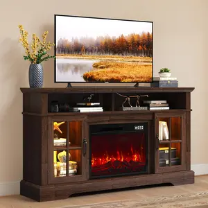 【2 Packages ship separately】Fireplace TV Stand, Modern Entertainment Center for TVs Up to 70", TV Console with Storage Cabinets & Electric Fireplace, Brown Media Console for Living Room