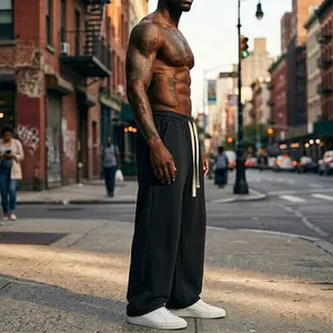 Men’s American high-street heavyweight wide-leg sweatpants for summer—loose straight-cut athletic casual pants with a drapey feel, street-style fitness, running, and basketball training pants.