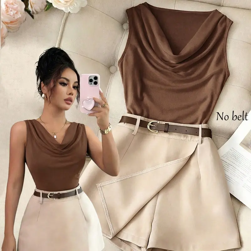 Plain Sleeveless Top & Wide-Leg Shorts for Daily Wear, Office and Dates, Spring & Summer, Clothing Sets