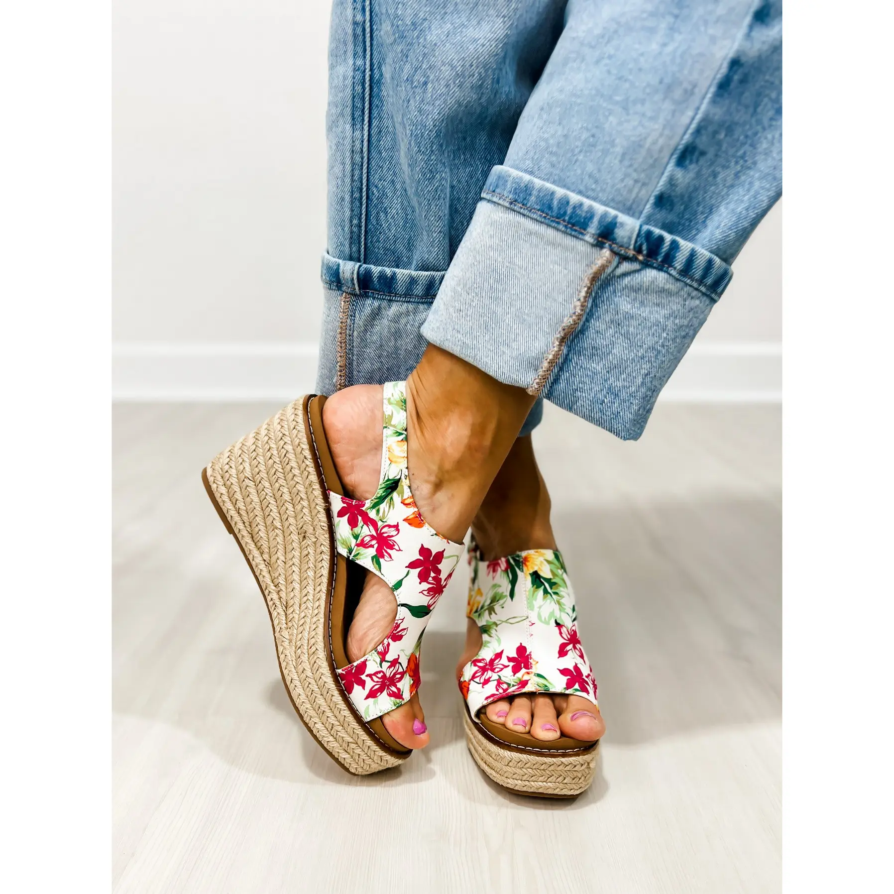 Corkys Freddie Wedge Sandals in WHITE FLORAL Corkys Freddie Wedge Sandals in WHITE FLORAL
