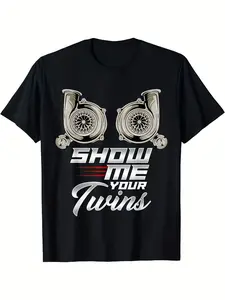 Humorous Turbo Racing T-Shirt Featuring Twin Turbos - Made from 100%, 180Gsm, Short Sleeve Casual Tee with Turbocharger Graphic, Easy to Wash, Black, Vintage Style, Round Neck, Perfect for Casual Sportswear, Comfortable Graphic Print Shirt
