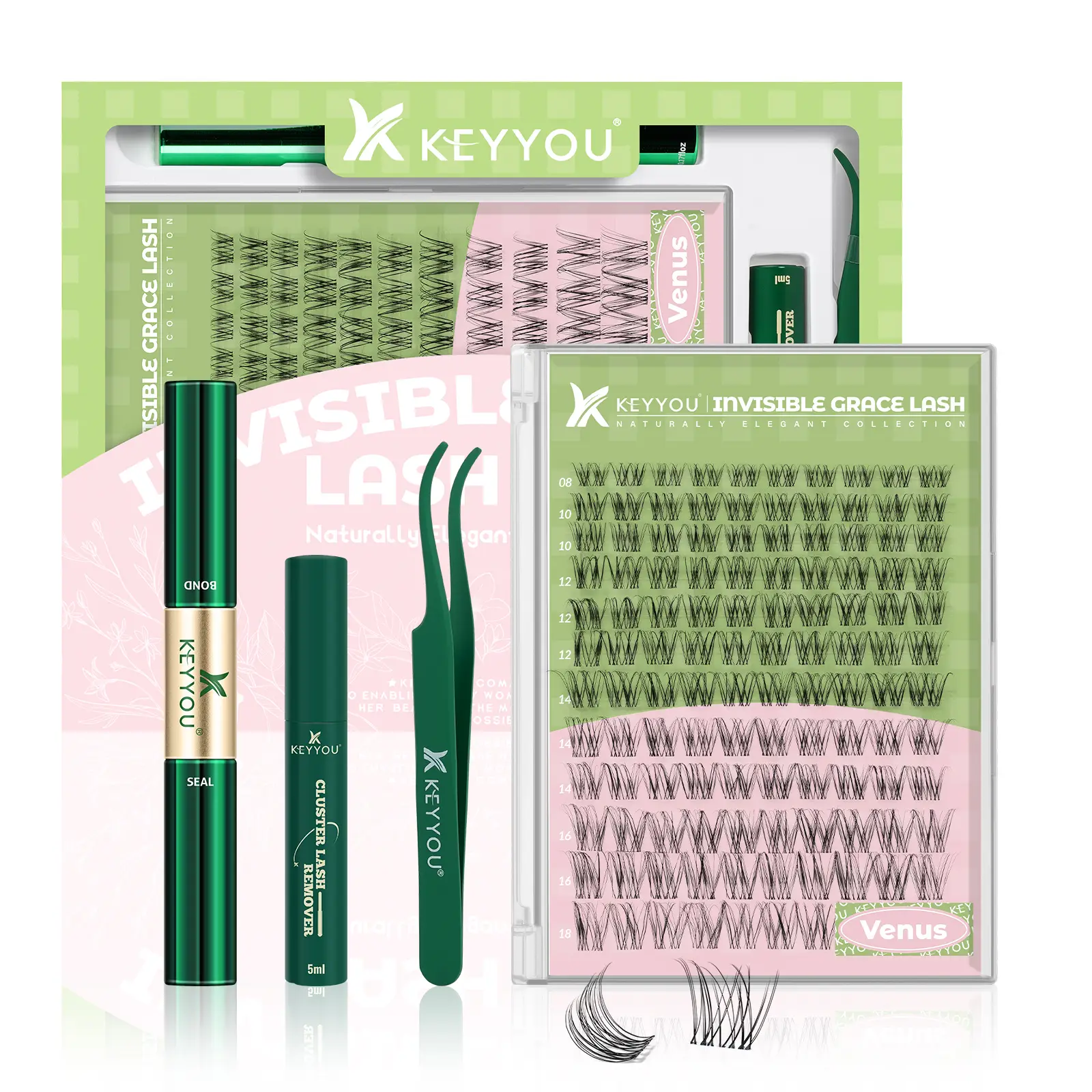 KEYYOU Venus DIY Lashes Clusters Invisible Band Natural Soft Waterproof Lash Extension Kit 8-18MIX Easy to Apply at Home Cosmetic Makeup