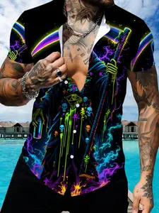 Fluorescent Skull Pattern Men's Short Sleeve Shirt, Luminous Cool Hawaiian Style Casual Top
