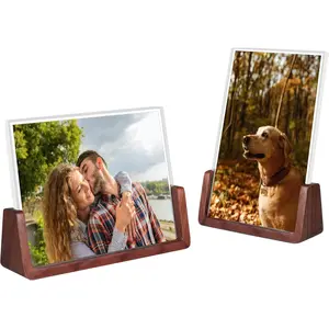 4x6 Picture Frame - 2 Pack, Rustic Wooden Photo Frame with Walnut Wood Base and High Definition Acrylic Glass Covers for Tabletop or Desktop Display (4x6 inch, Horizontal + Vertical)