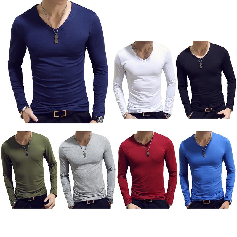 Mens Clothing Fashion V Neck Slim Fit T-shirt Long Sleeve Simple ...
