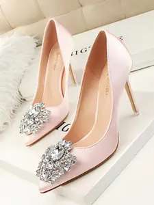 Luxurious Satin Studded Heels, Sparkling Rhinestone Buckle, Pointed Toe Slim Heel Shoes //, Perfect for Evening & Weddings