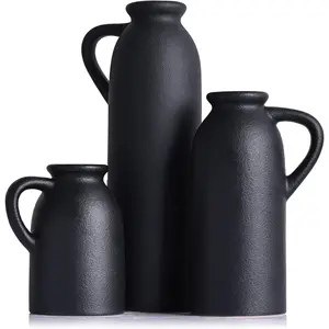 Black Ceramic Vase Set - 3 Small Matte Black Jug Vases, Farmhouse Country Flower Vase  Decor, Living Room Decoration, Table Decoration, Fireplace Decor, and Entrance Decorations Centerpieces
